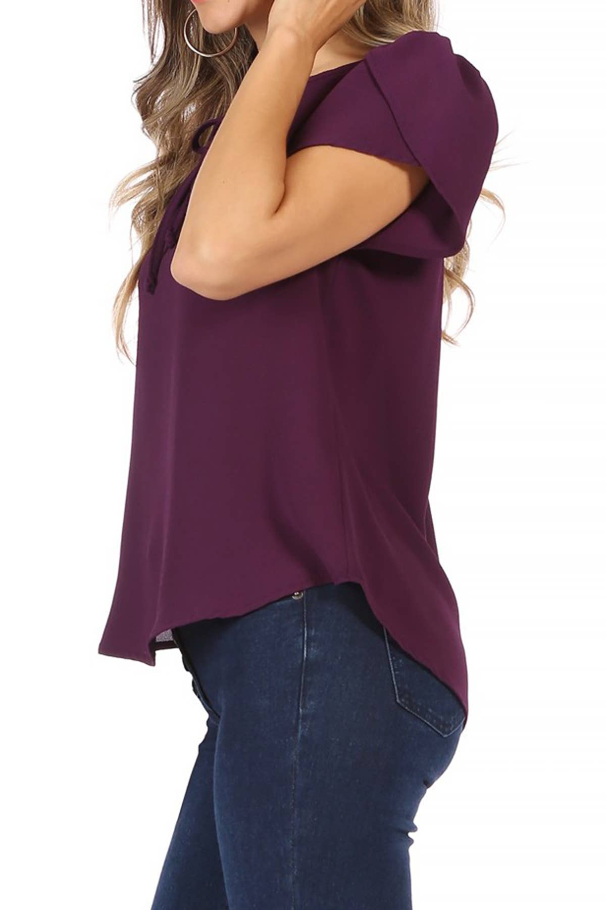 Women's Casual Solid Sleeve Tie Round Neck Shirt