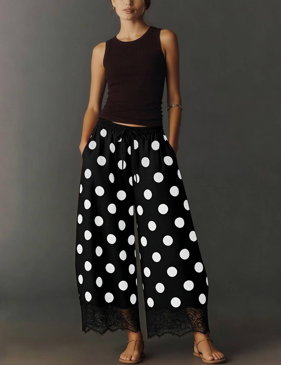 Polka Dot Elastic Waist Cropped Wide Leg Pants