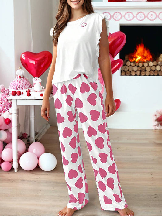 Heart Print Ruffle Sleeveless Top and Pants Valentines Set