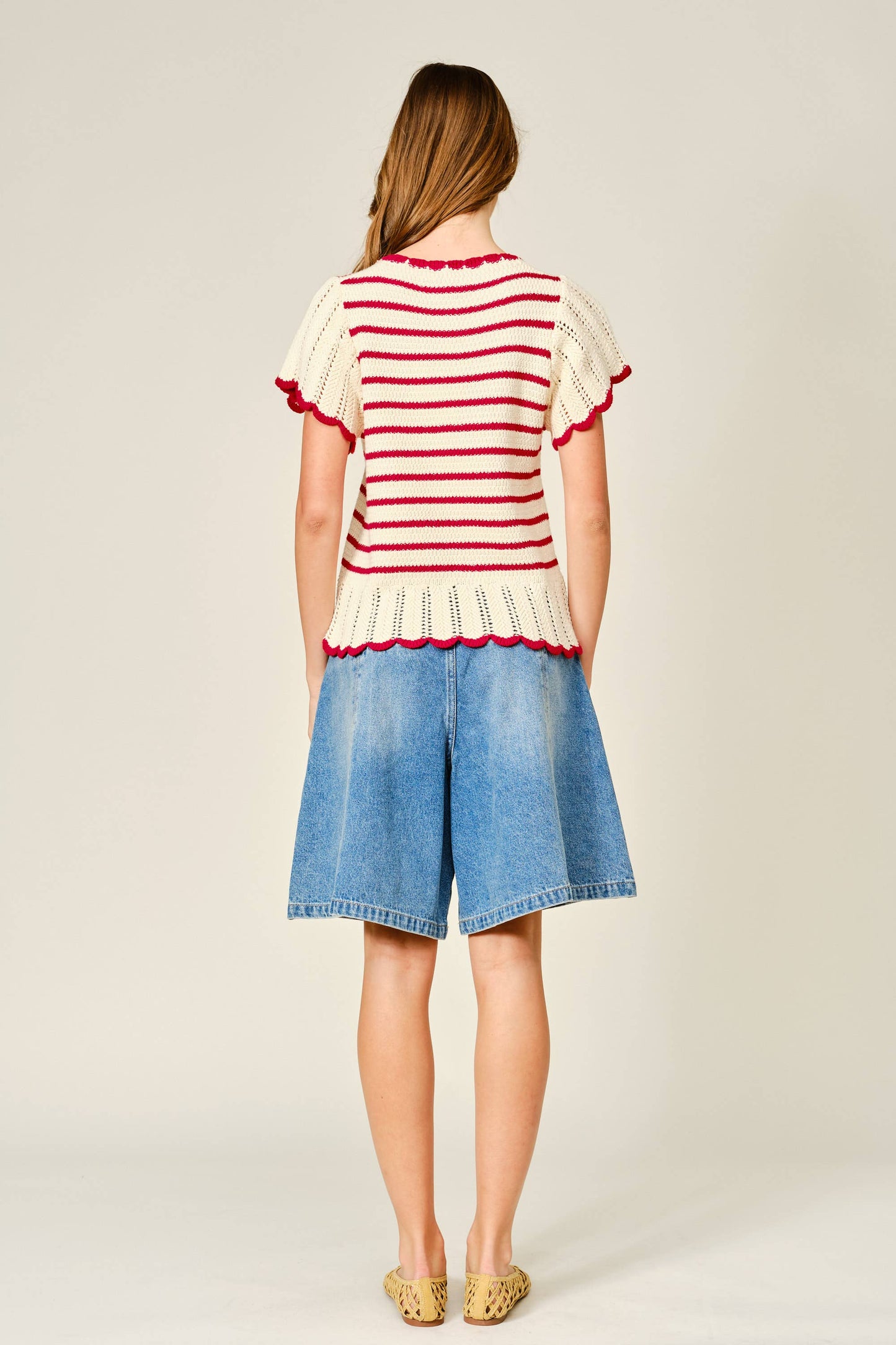 Striped Crochet short sleeved Sweater
