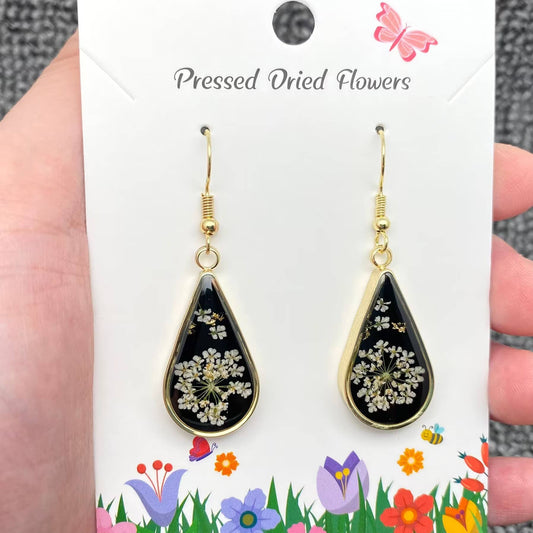 Queen Anne's Lace Dried Flower Black Droplet Earrings