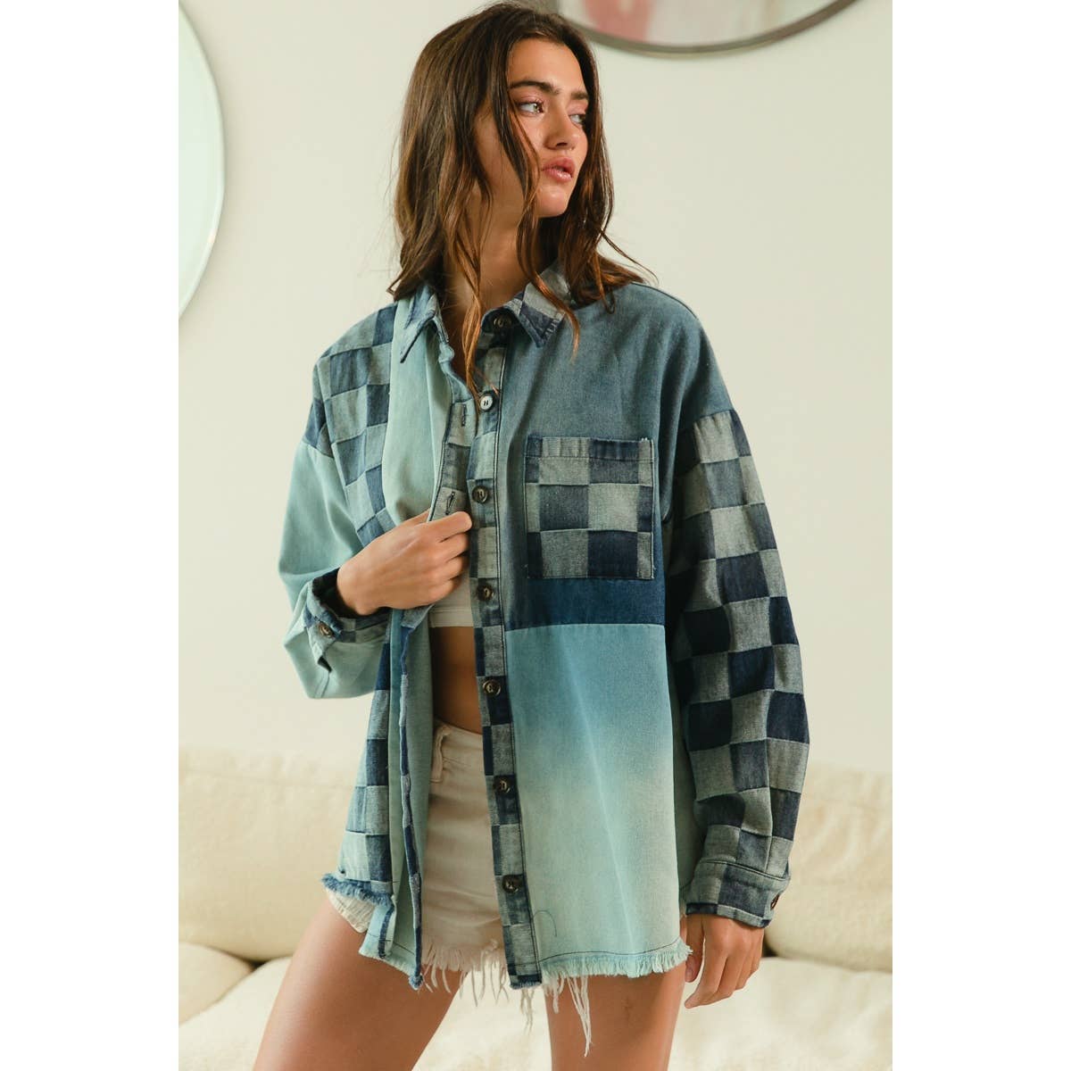 Checker Denim Mix Match Washed Shirt