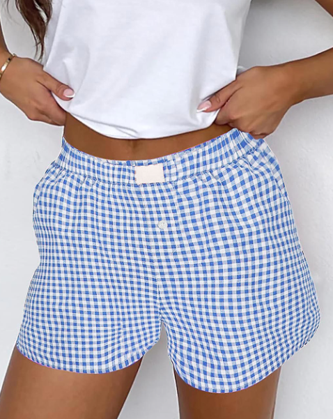 Blue Plaid Gingham Printed High Waist Shorts