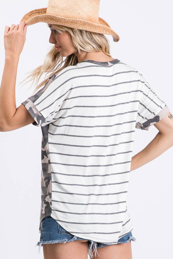 Camo Print Striped Pocket Short Sleeve Shirt