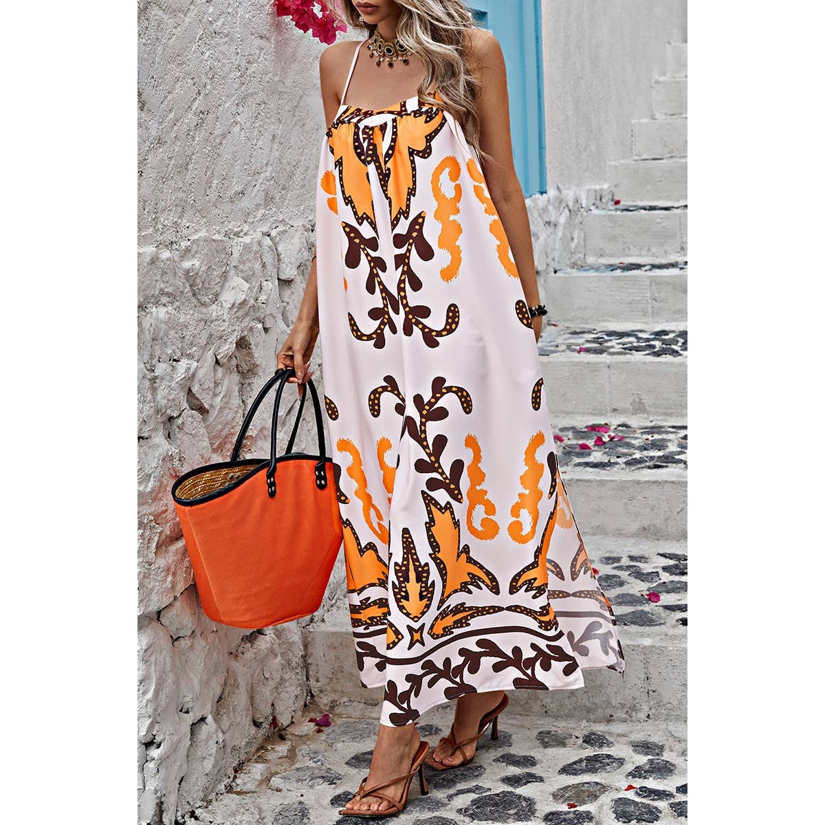 Cross Back Sleeveless Printed Tank Loose Dress