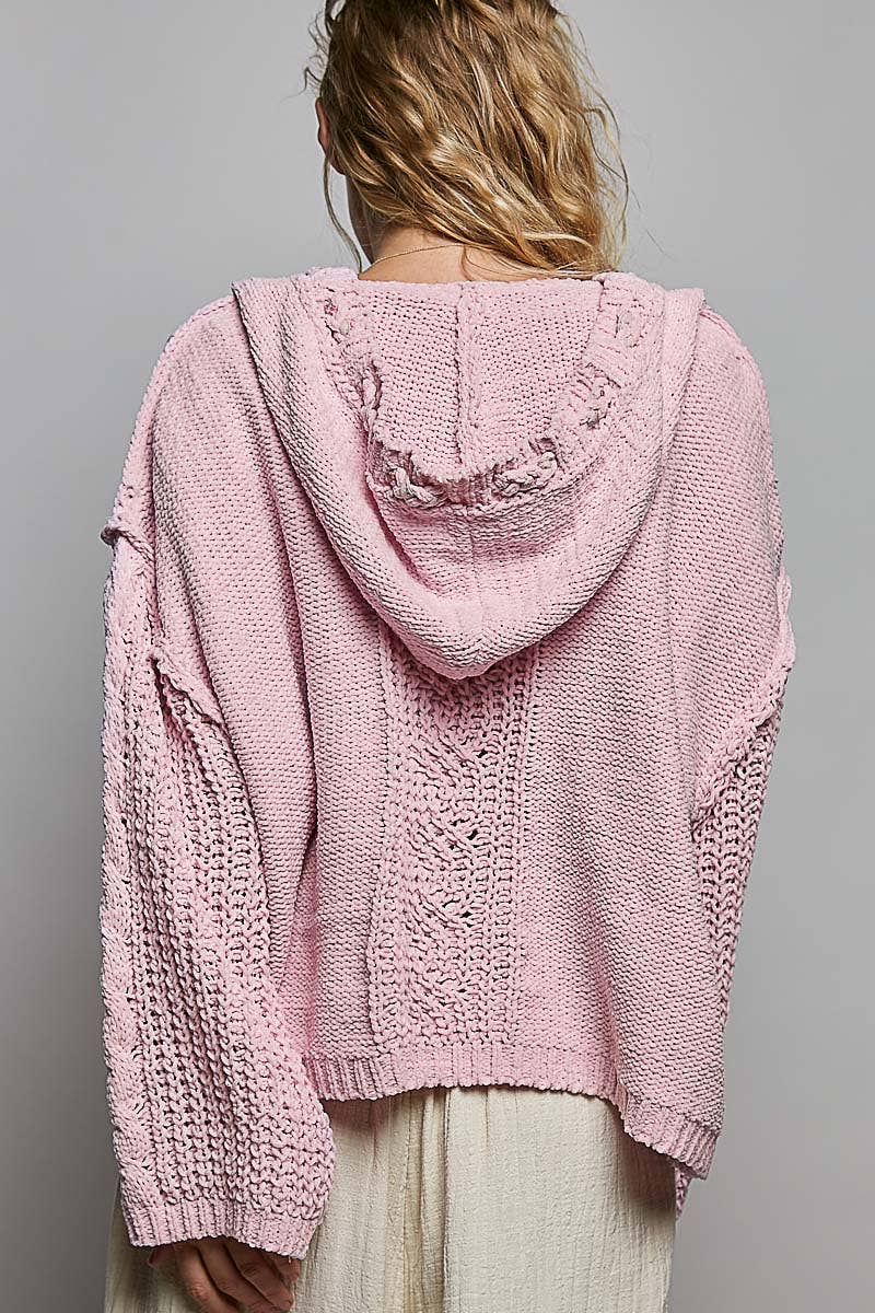 Oversize Fit V-neck Hooded Cable Knit Chenille Sweater