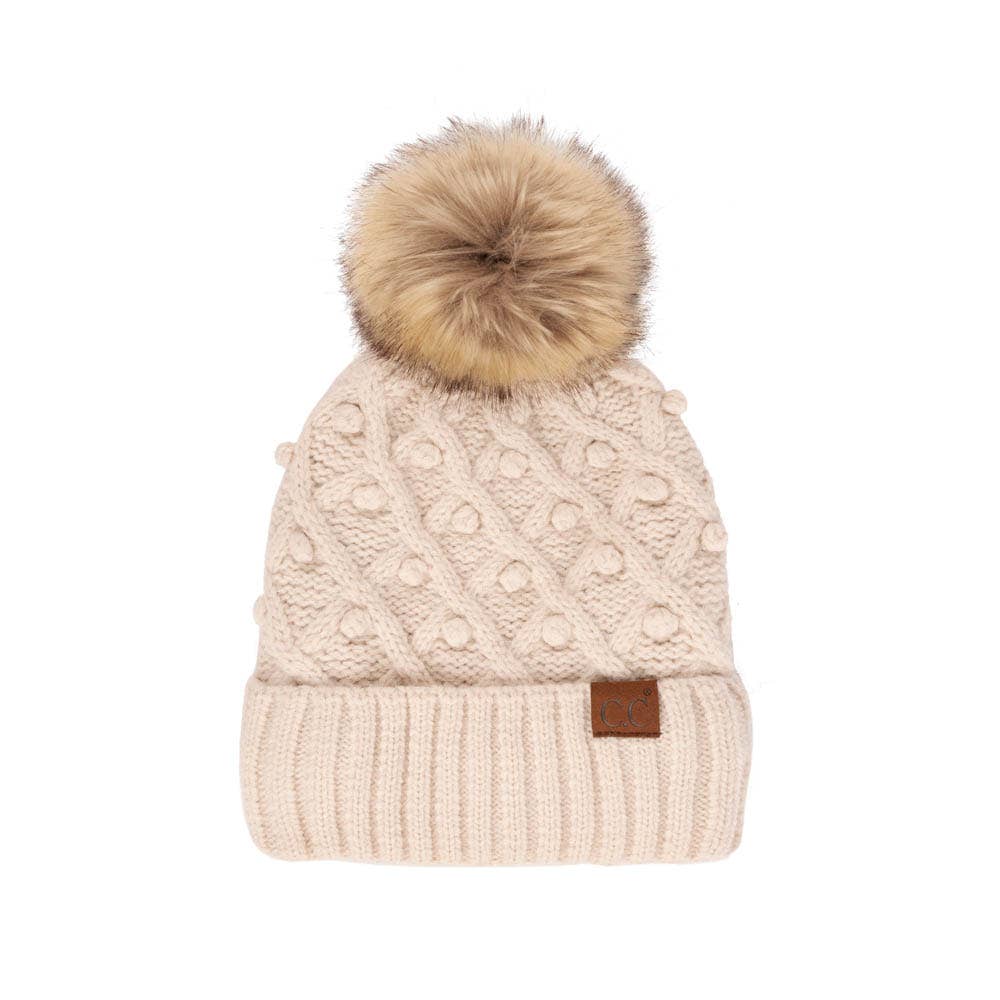 C.C Bobble Beanie Hat: Beige
