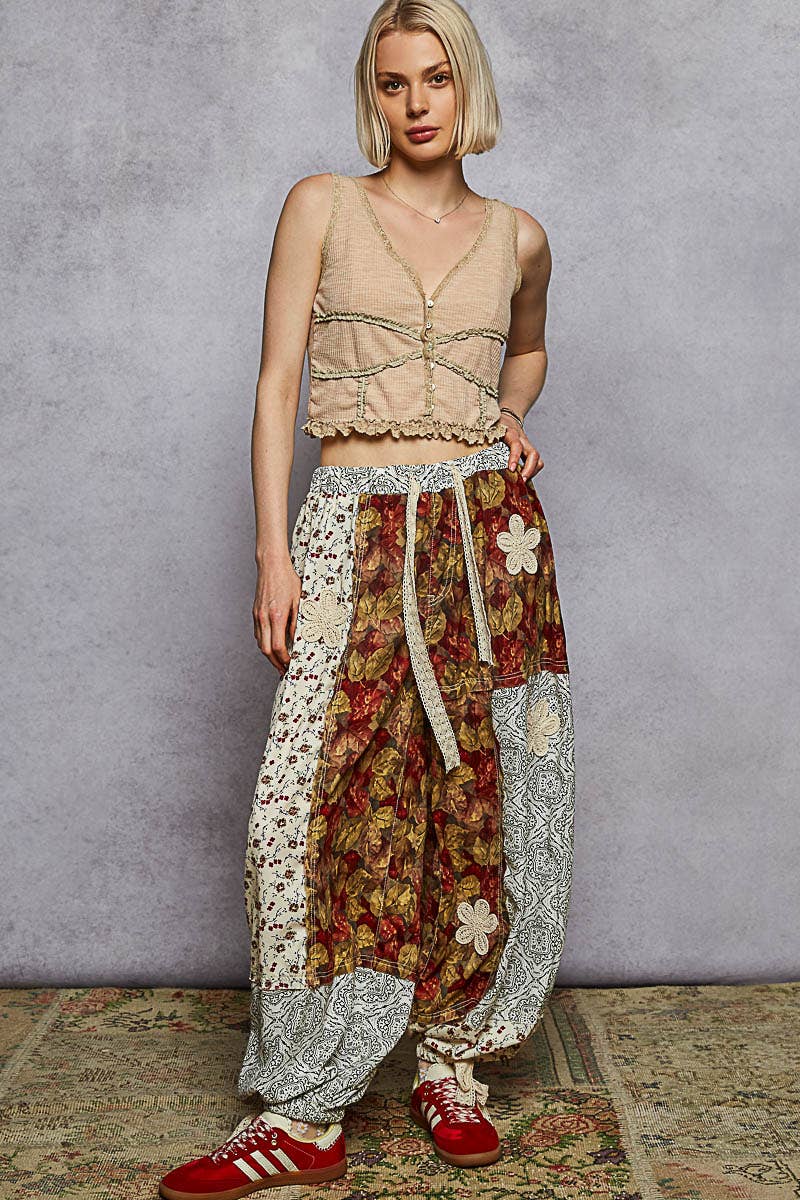 Crochet patch detail contrast patchwork printed woven pants