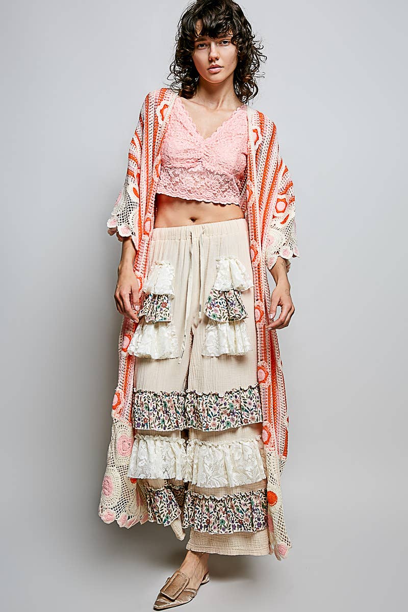 3/4 Sleeve Striped Floral Pattern Crochet Open Cardigan
