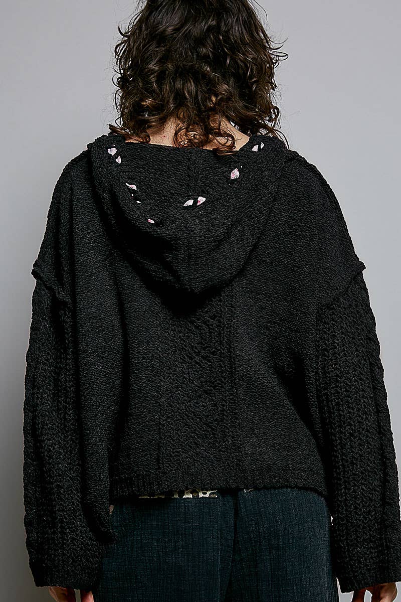 Oversize Fit V-neck Hooded Cable Knit Chenille Sweater