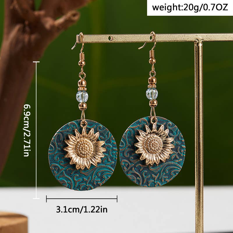 Color separation double layer sunflower retro earrings