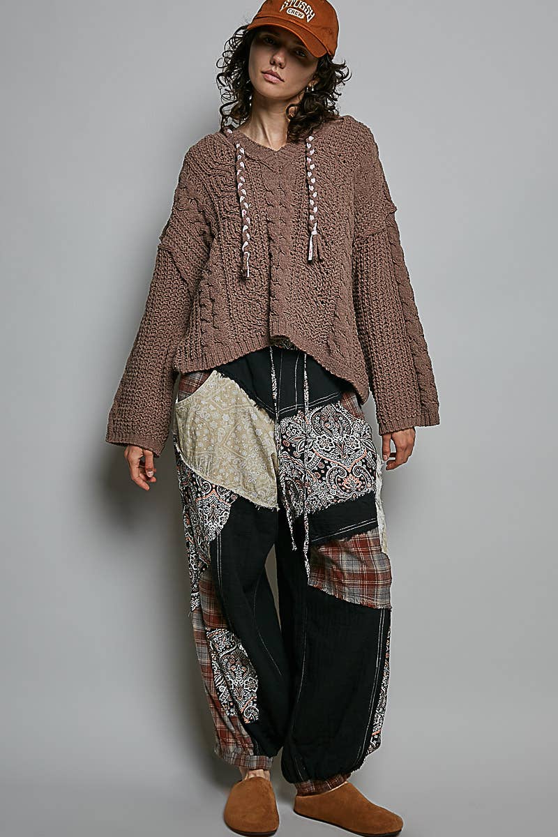 Oversize Fit V-neck Hooded Cable Knit Chenille Sweater