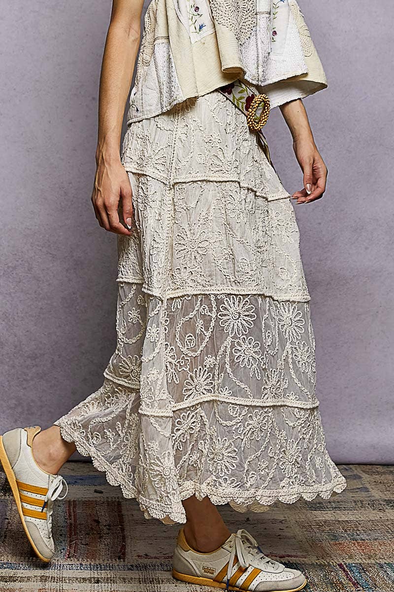 Crochet Floral Embroidery Lining Roomy Fit Skirt