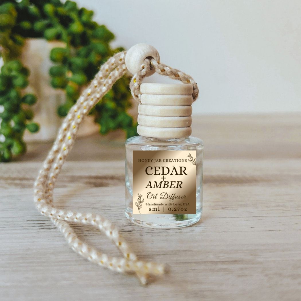 Hanging Car Diffuser | Cedarwood + Amber | Made in USA: Square Bottle