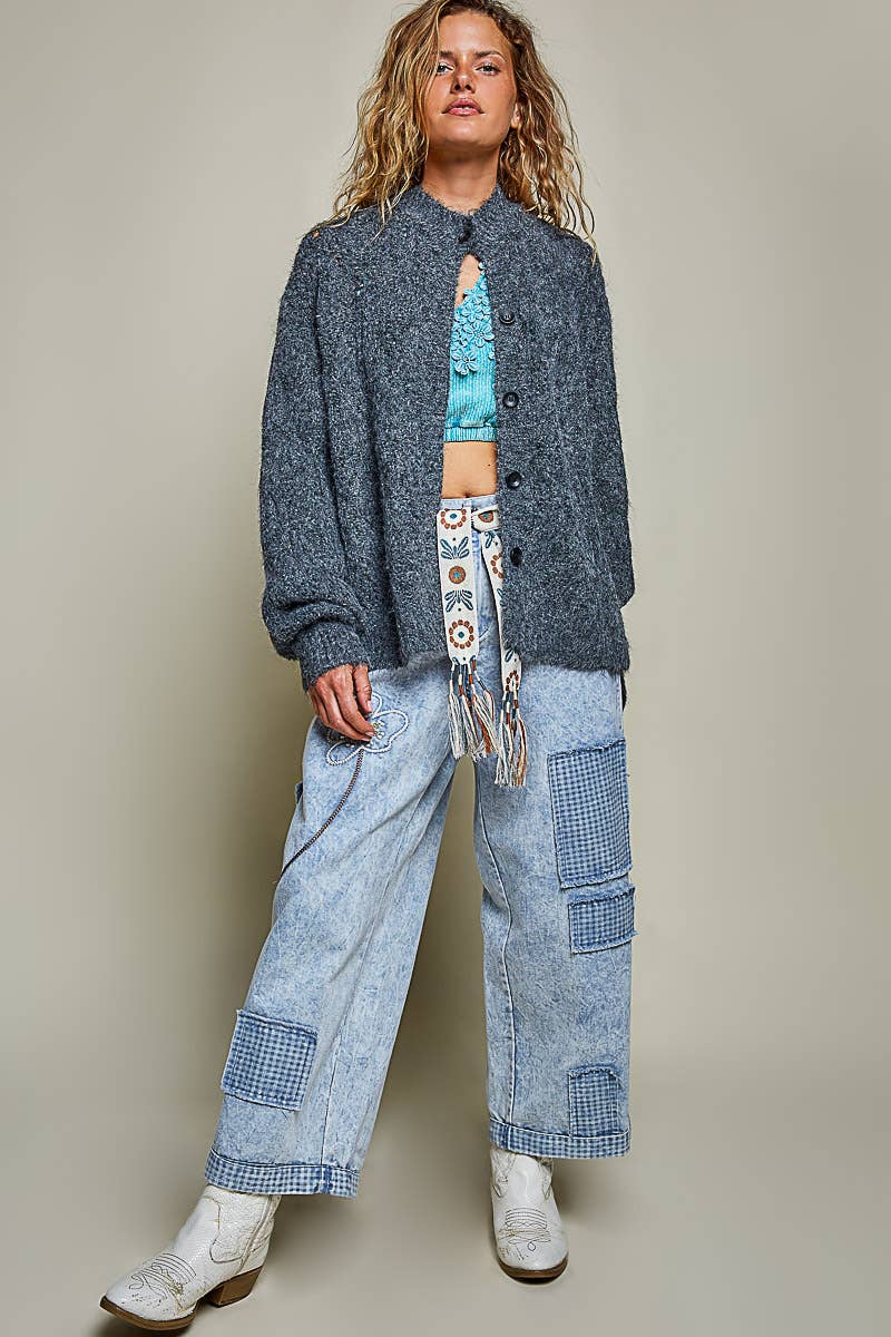 Relaxed Fuzzy Knit Pointelle Detail Ribbed Trim Cardigan: CHARCOAL One Size