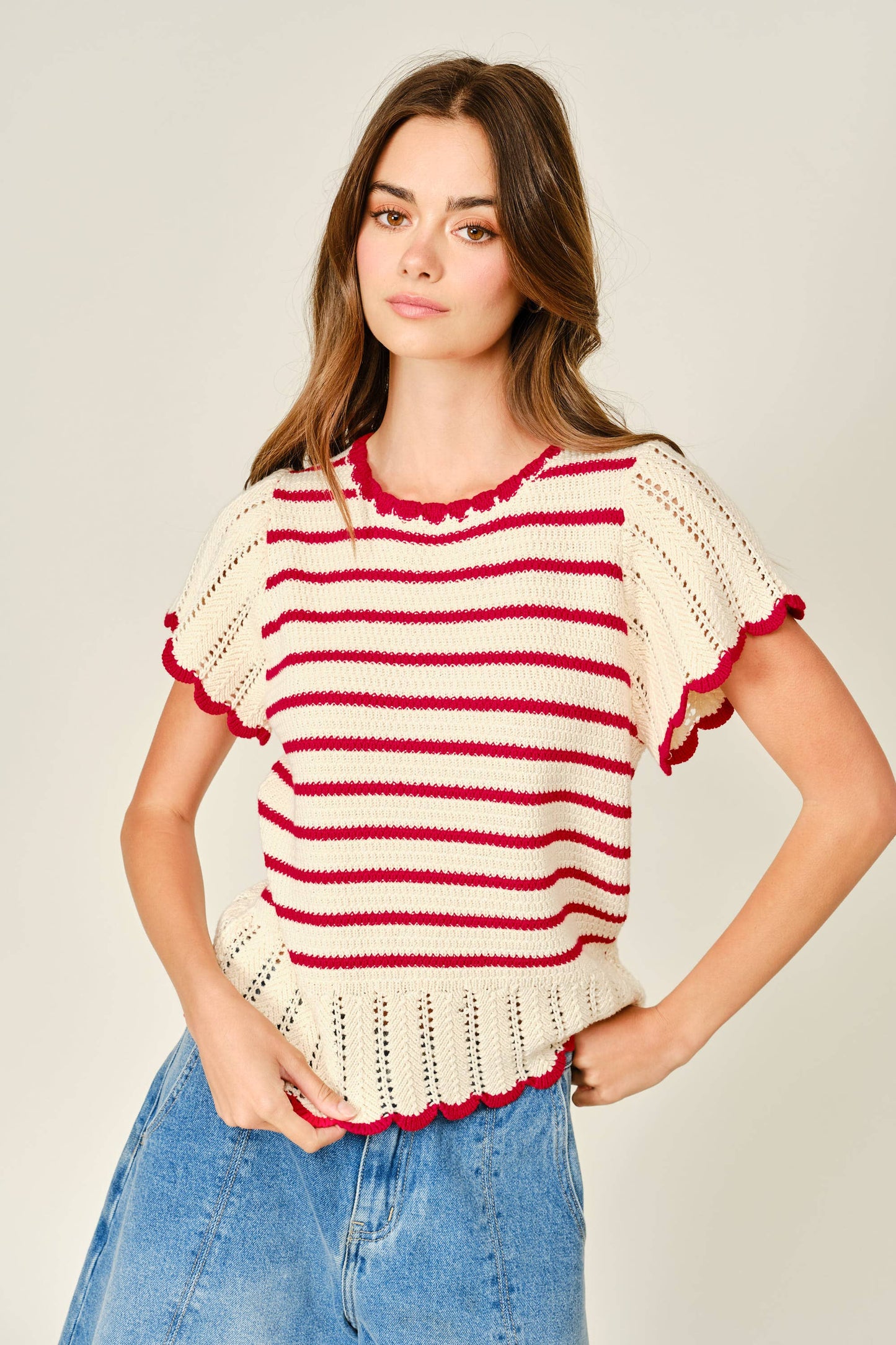 Striped Crochet short sleeved Sweater