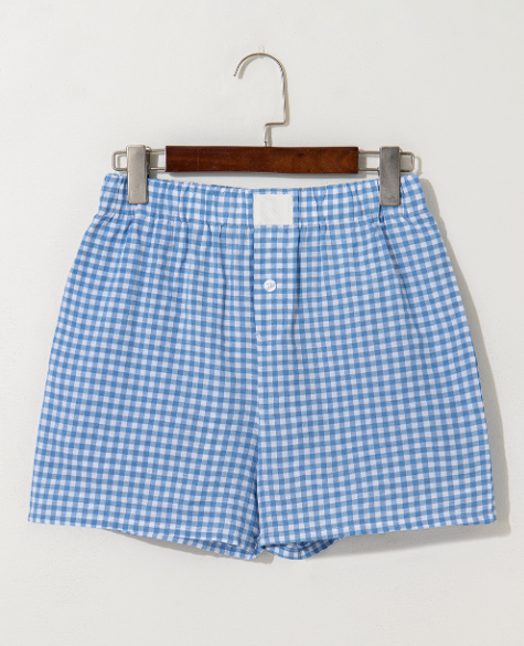 Blue Plaid Gingham Printed High Waist Shorts