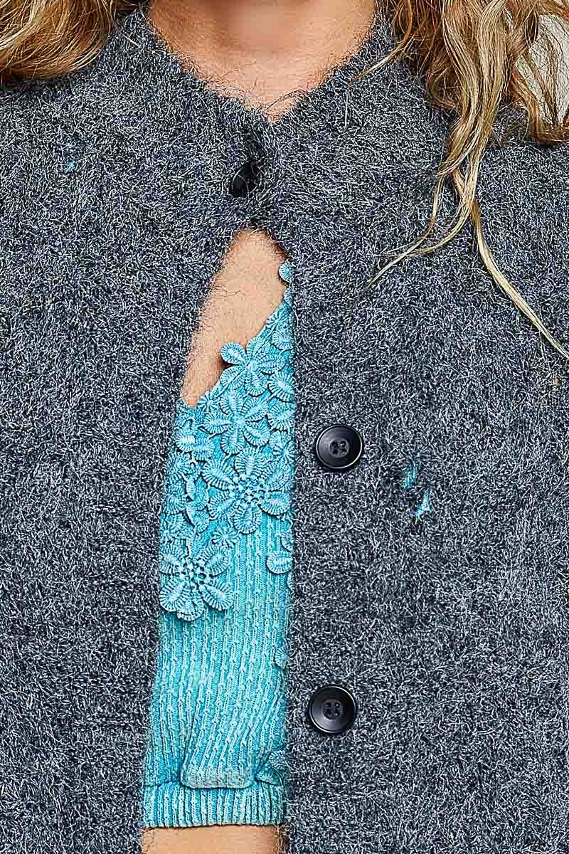 Relaxed Fuzzy Knit Pointelle Detail Ribbed Trim Cardigan: CHARCOAL One Size