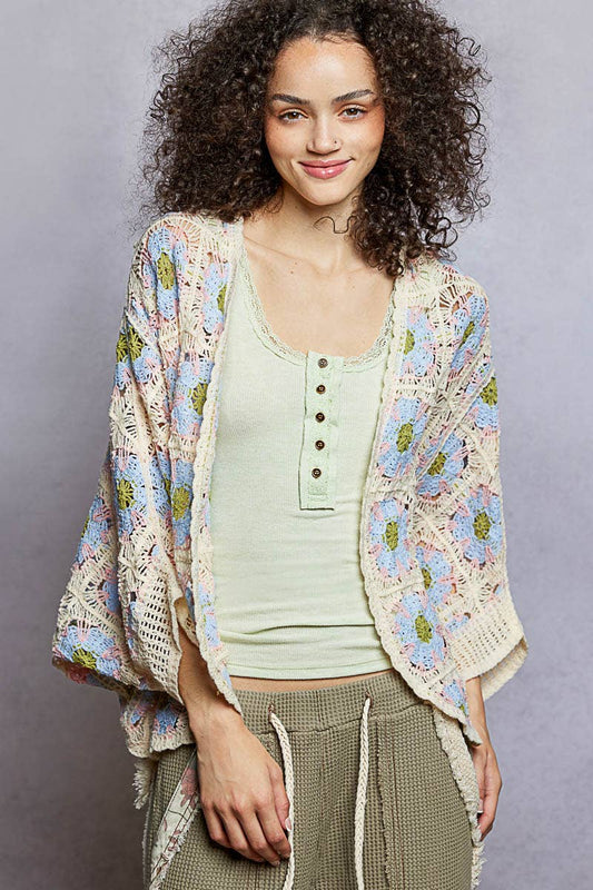 Dolman Sleeve Floral Pattern Open Cardigan Crochet Top