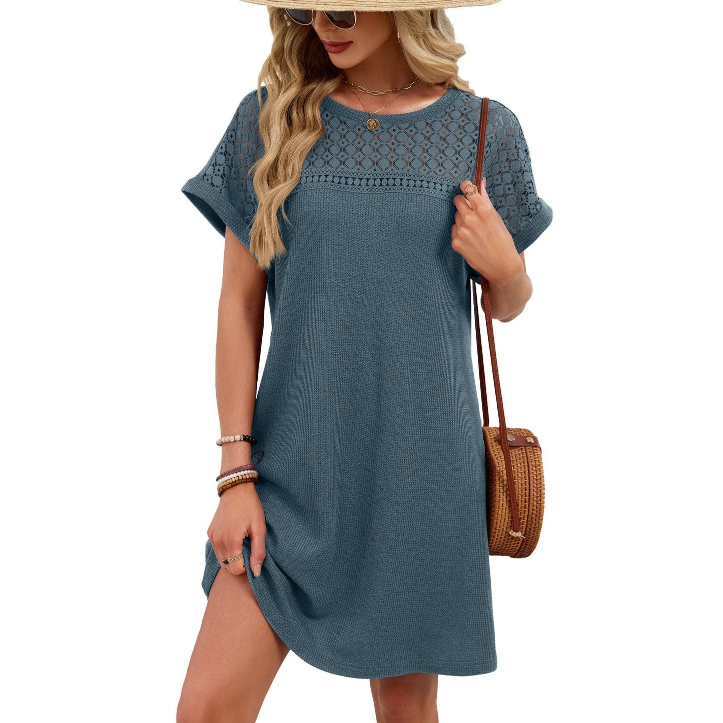 Lace Patchwork Casual Short Sleeve Loose Dress