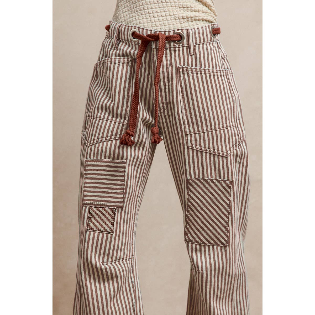 Striped Twill Barrel Pants: Mocha Brown
