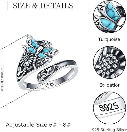 Bohemian Turquoise Dragonfly Sunflower Open Ring