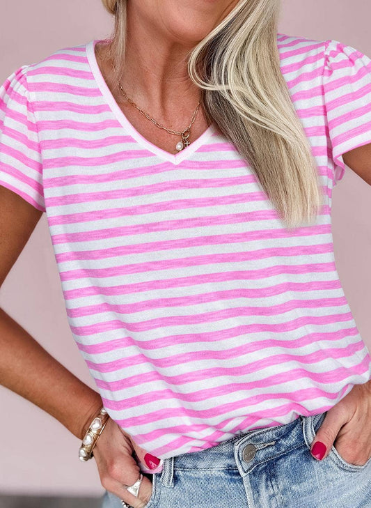Striped V Neck Ruffle Short Sleeve Top