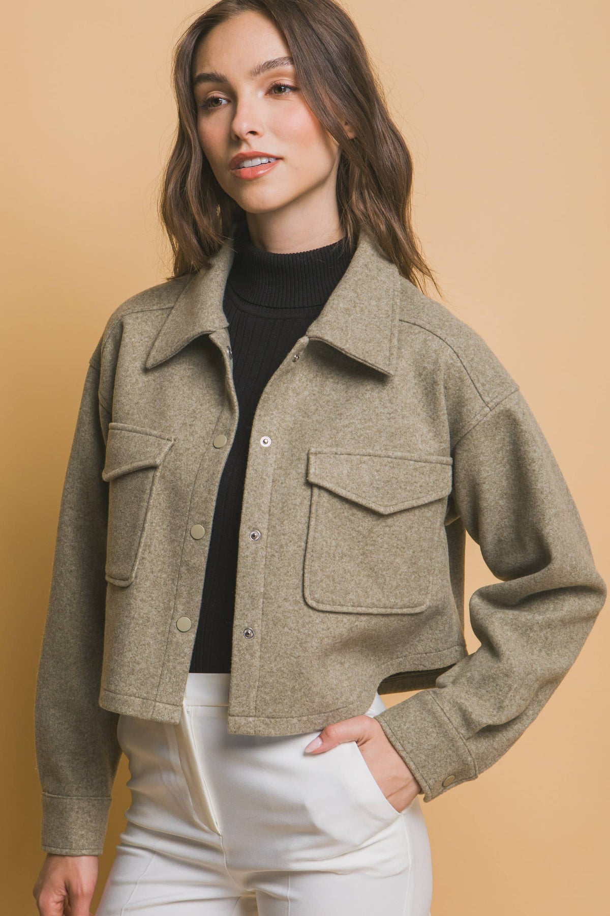 JQ Fleece Cropped Snap-Button Shacket: Wine