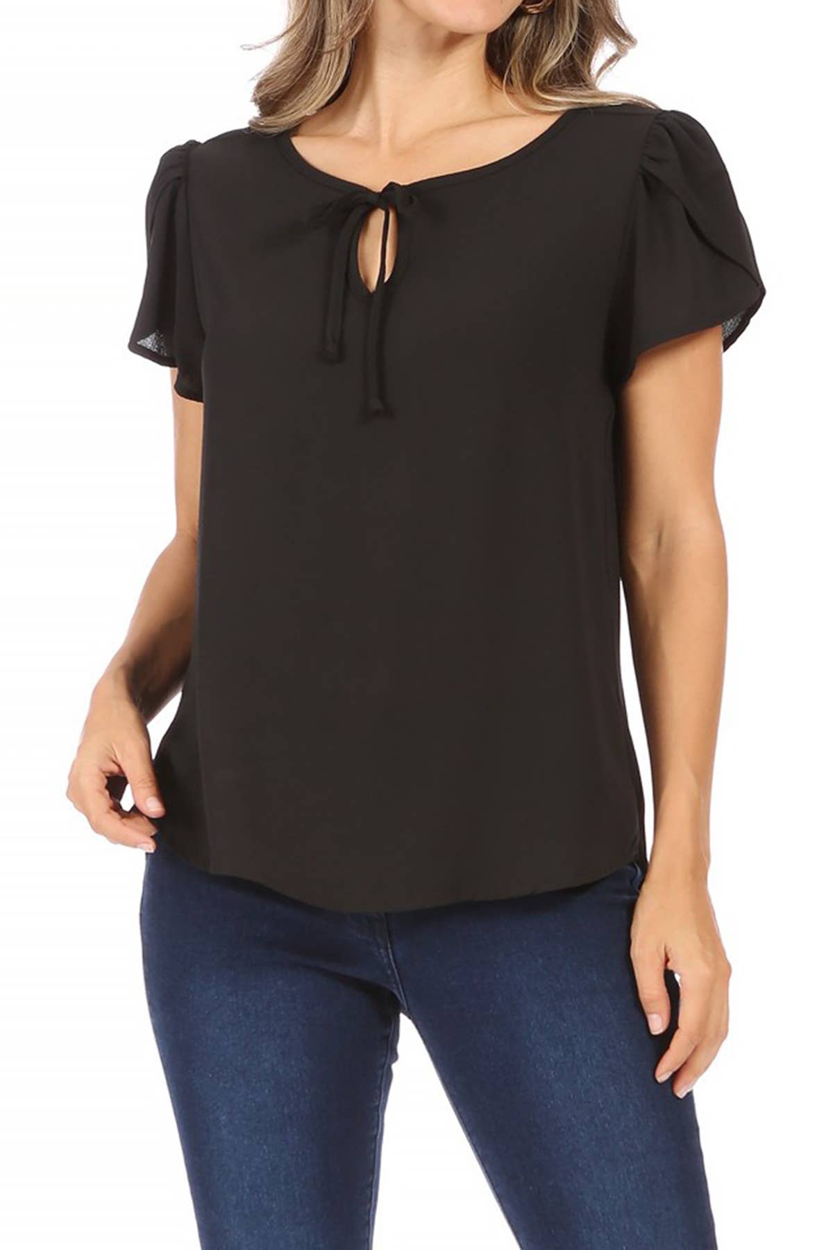 Women's Casual Solid Sleeve Tie Round Neck Shirt
