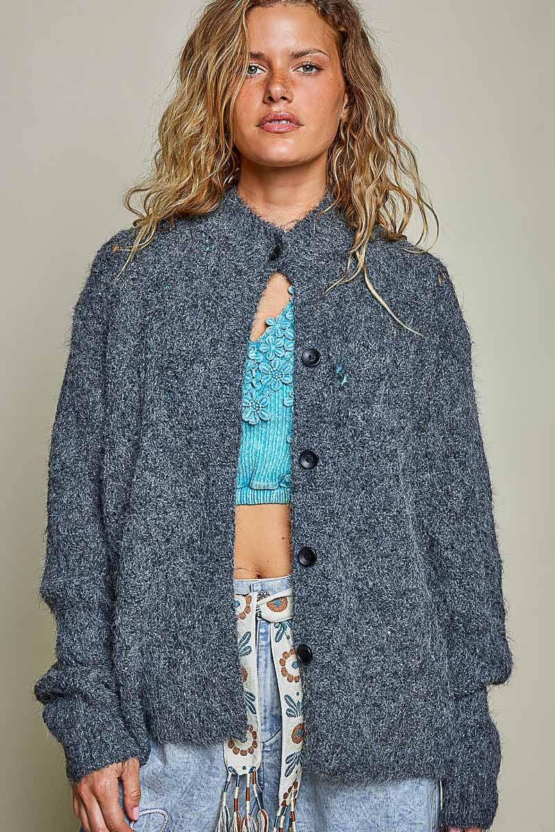 Relaxed Fuzzy Knit Pointelle Detail Ribbed Trim Cardigan: CHARCOAL One Size