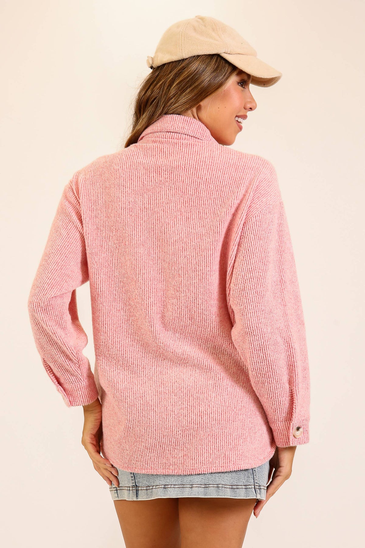 Brushed Waffle Button-Up Shacket: Pink