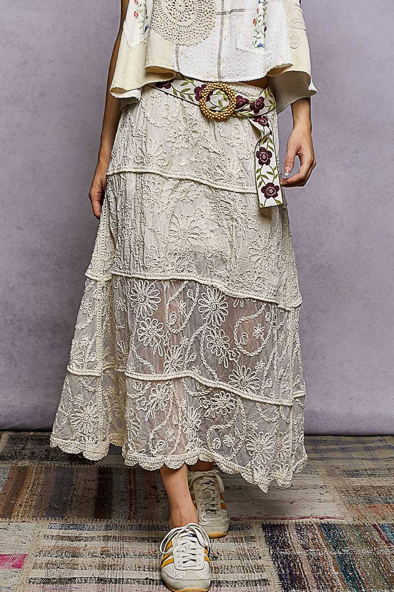 Crochet Floral Embroidery Lining Roomy Fit Skirt