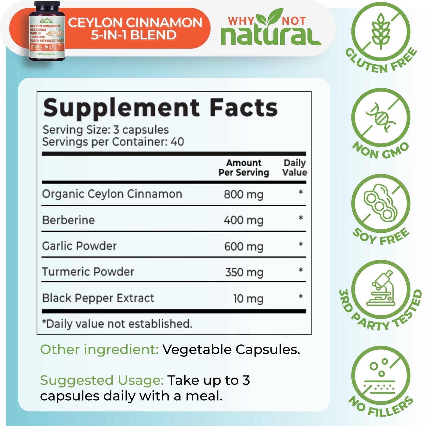 5-in-1 Organic Ceylon Cinnamon Capsules, Blood Sugar Support