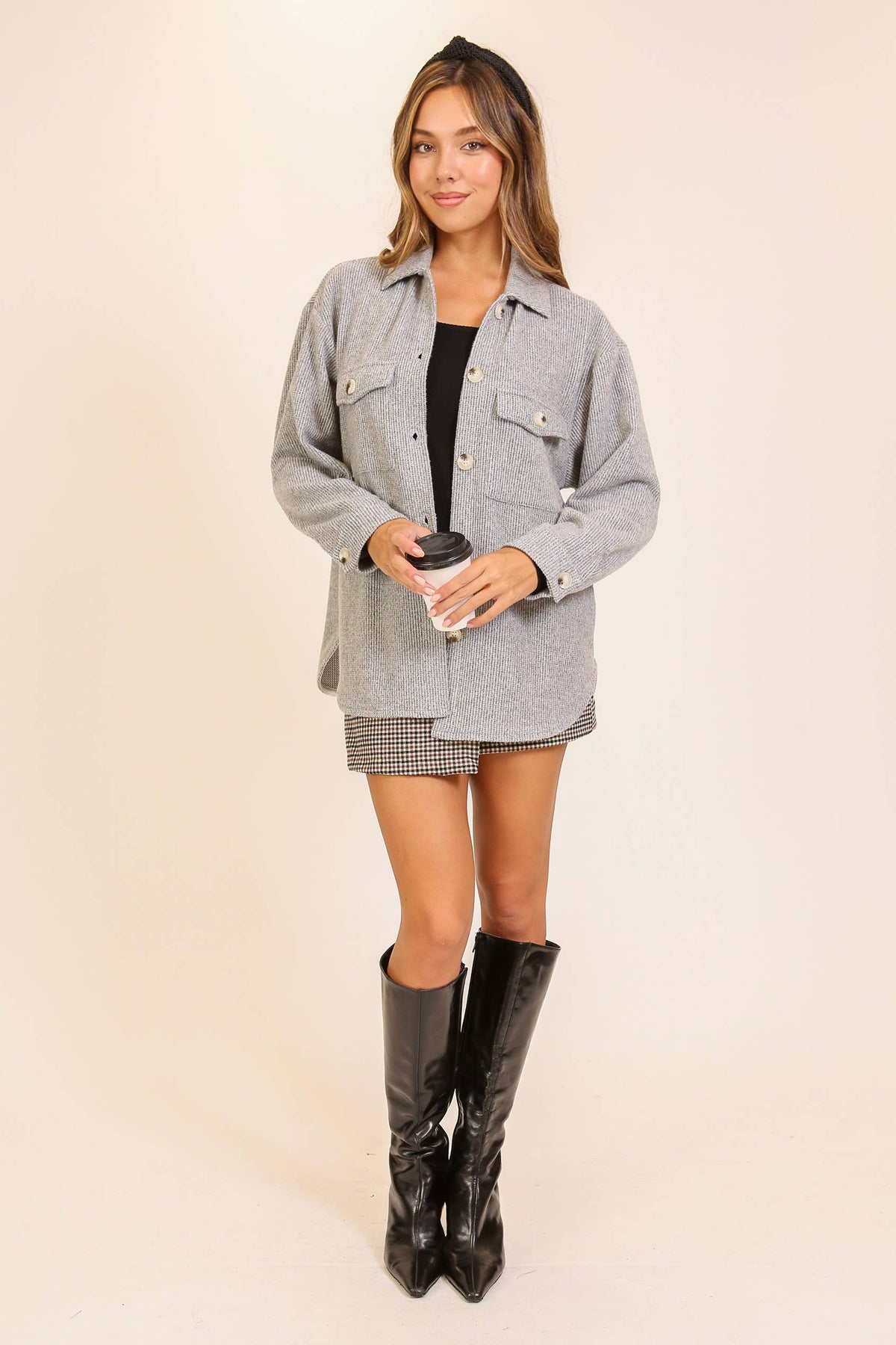 Brushed Waffle Button-Up Shacket: Gray
