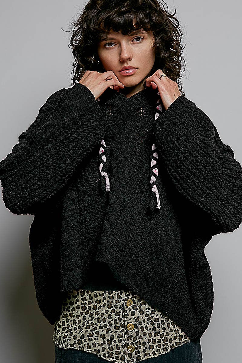 Oversize Fit V-neck Hooded Cable Knit Chenille Sweater