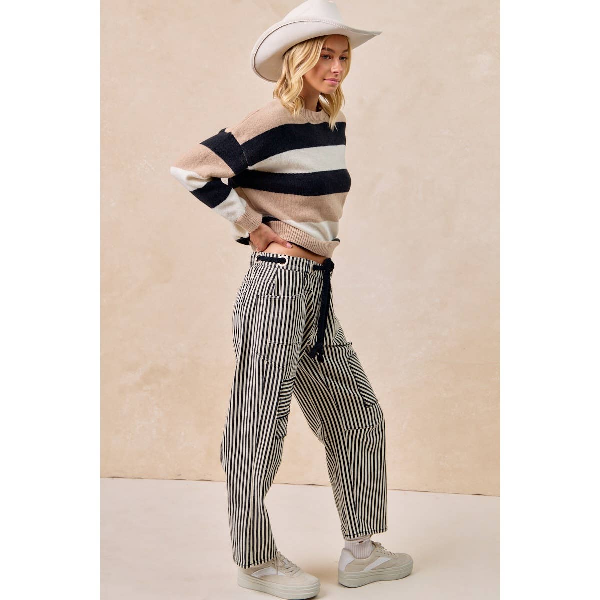Striped Twill Barrel Pants: Mocha Brown