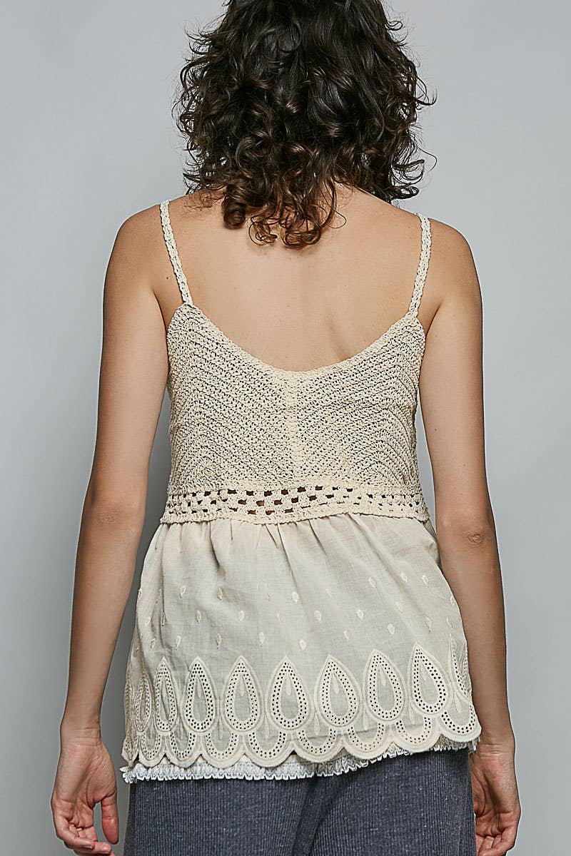 Round Neck Sleeveless Eyelet Ruffle Embroidered Crochet Tank Top
