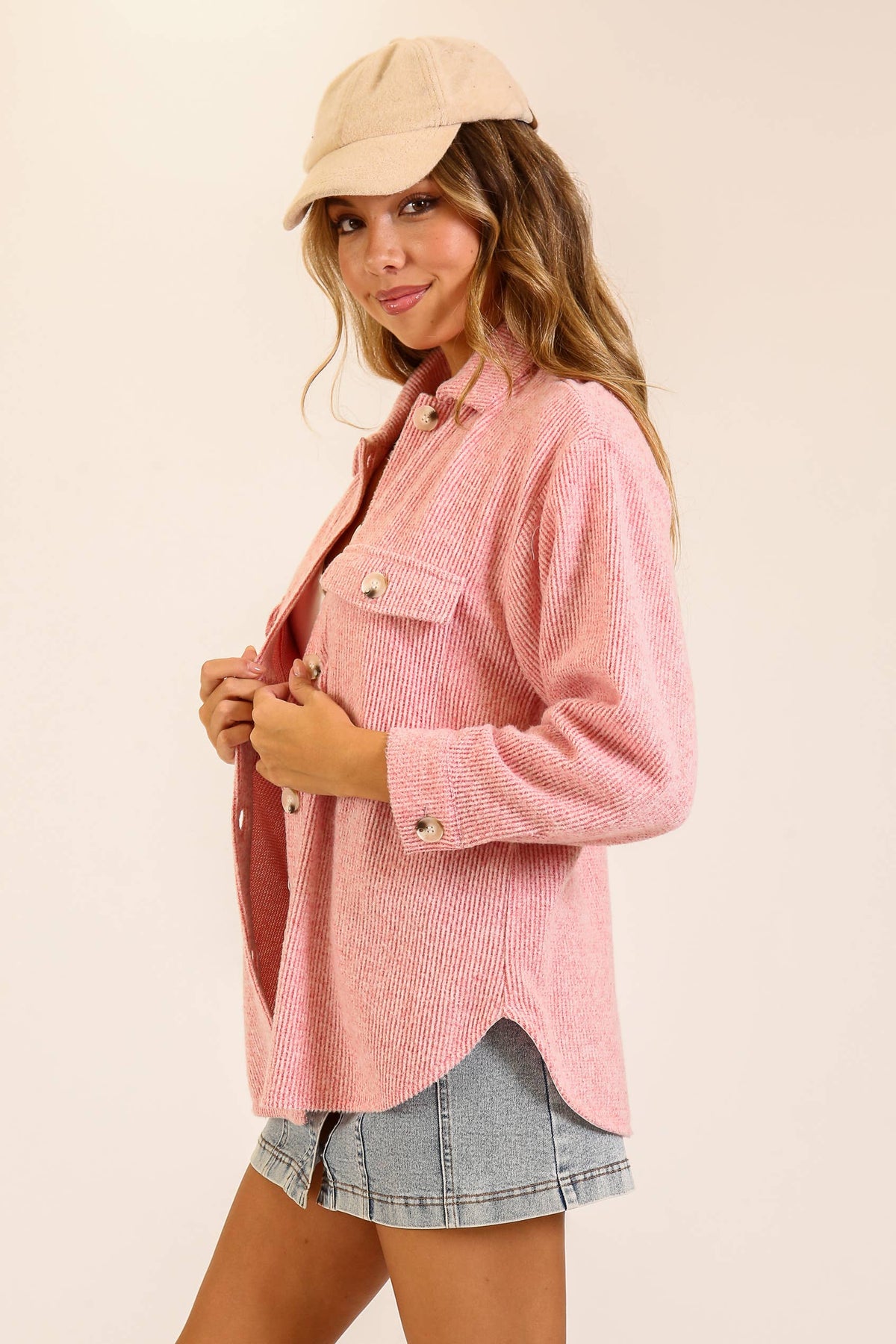 Brushed Waffle Button-Up Shacket: Pink