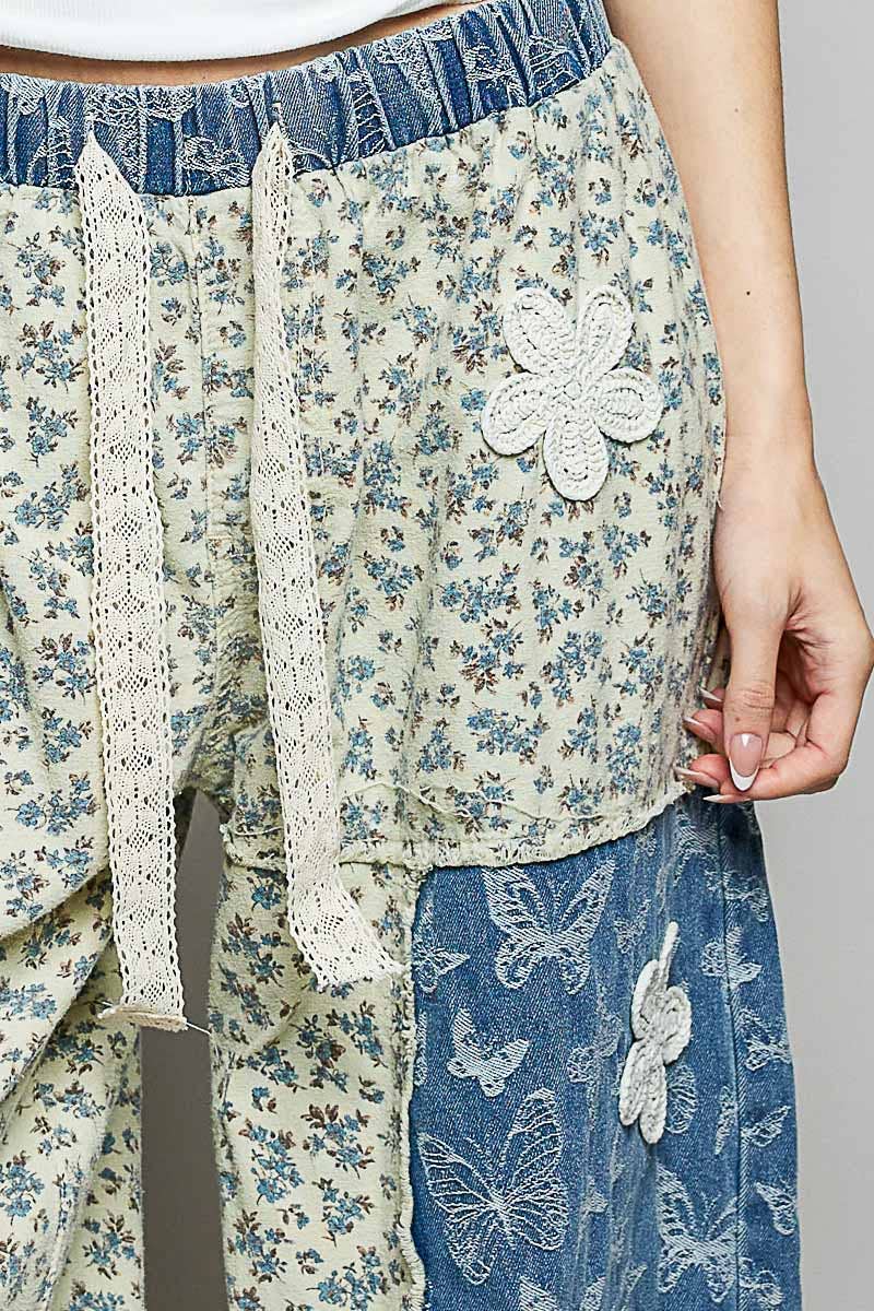 Crochet patch detail contrast patchwork printed woven pants