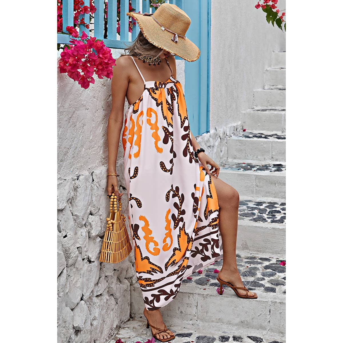 Cross Back Sleeveless Printed Tank Loose Dress