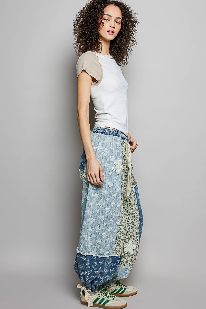 Crochet patch detail contrast patchwork printed woven pants