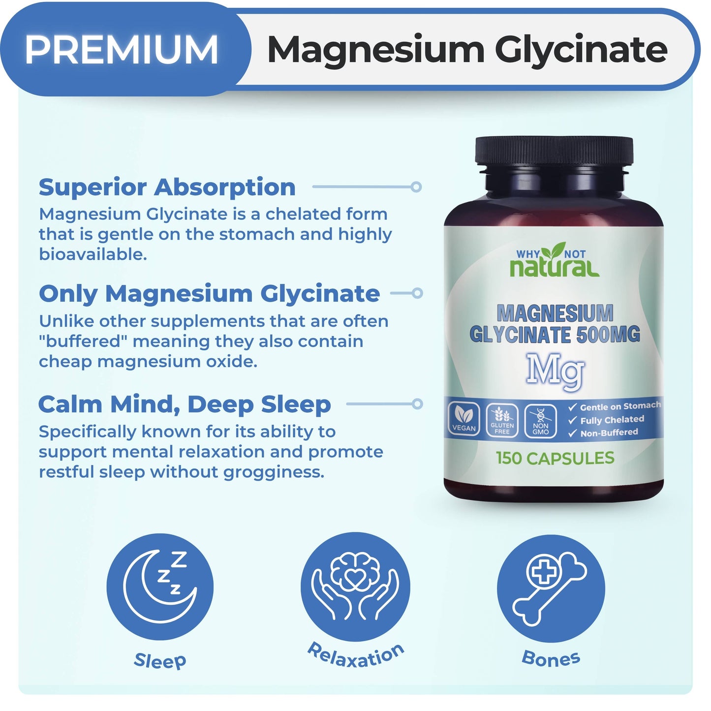 Magnesium Glycinate 500 mg Capsules Supplement - Vegan, 100%