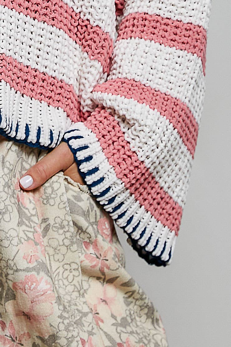 Hoodie V-neck Striped Long Sleeve Stitch Chenille Sweater: CREAM/NAVY