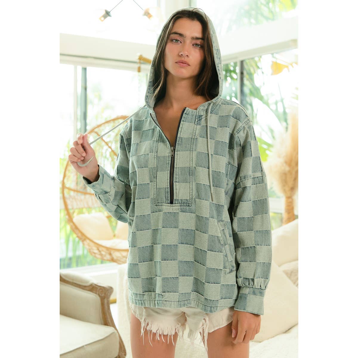 Washed Checker Denim Half Zip Up Hoodie