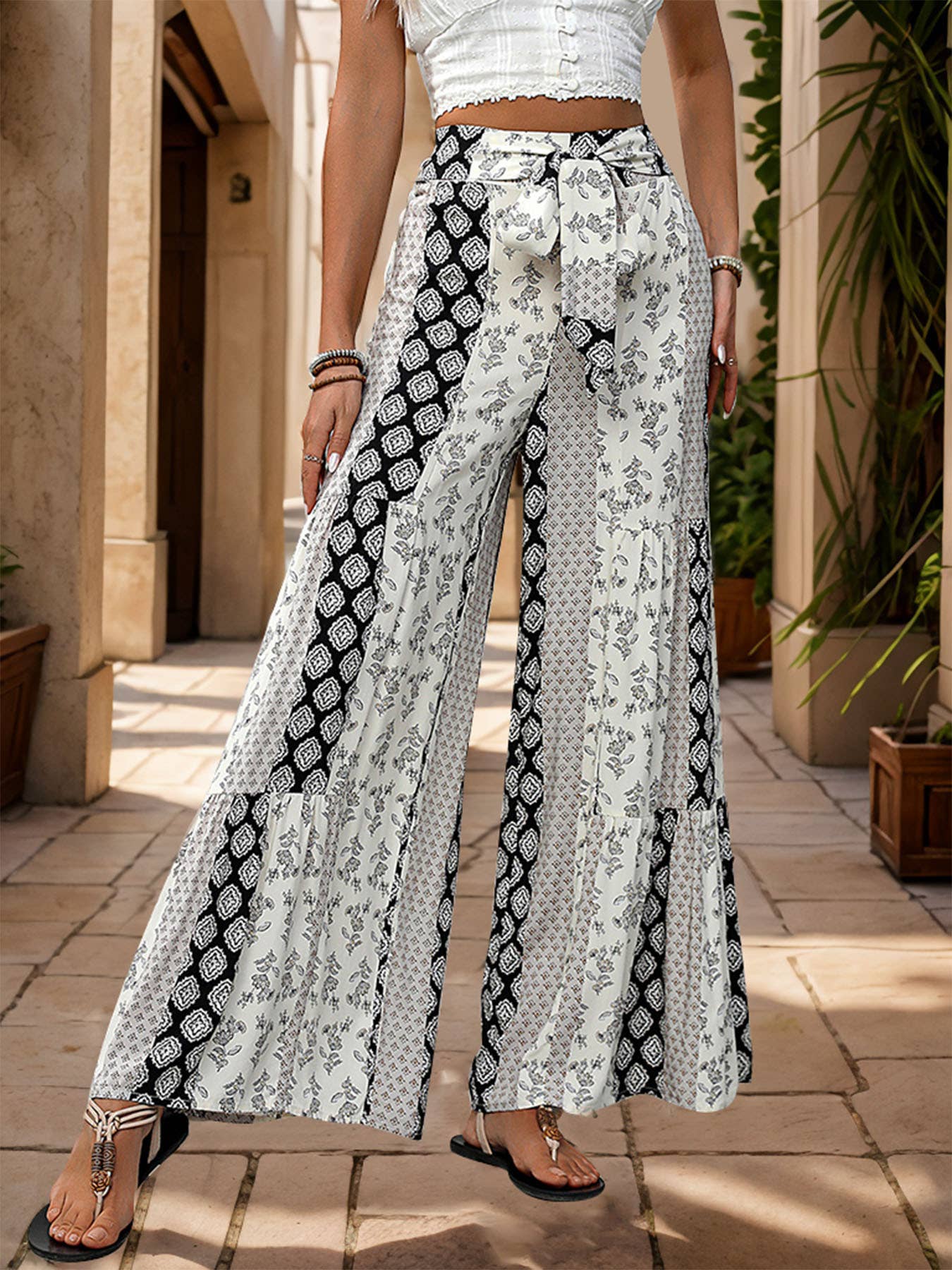 Tie Printed Wide-Leg Pants