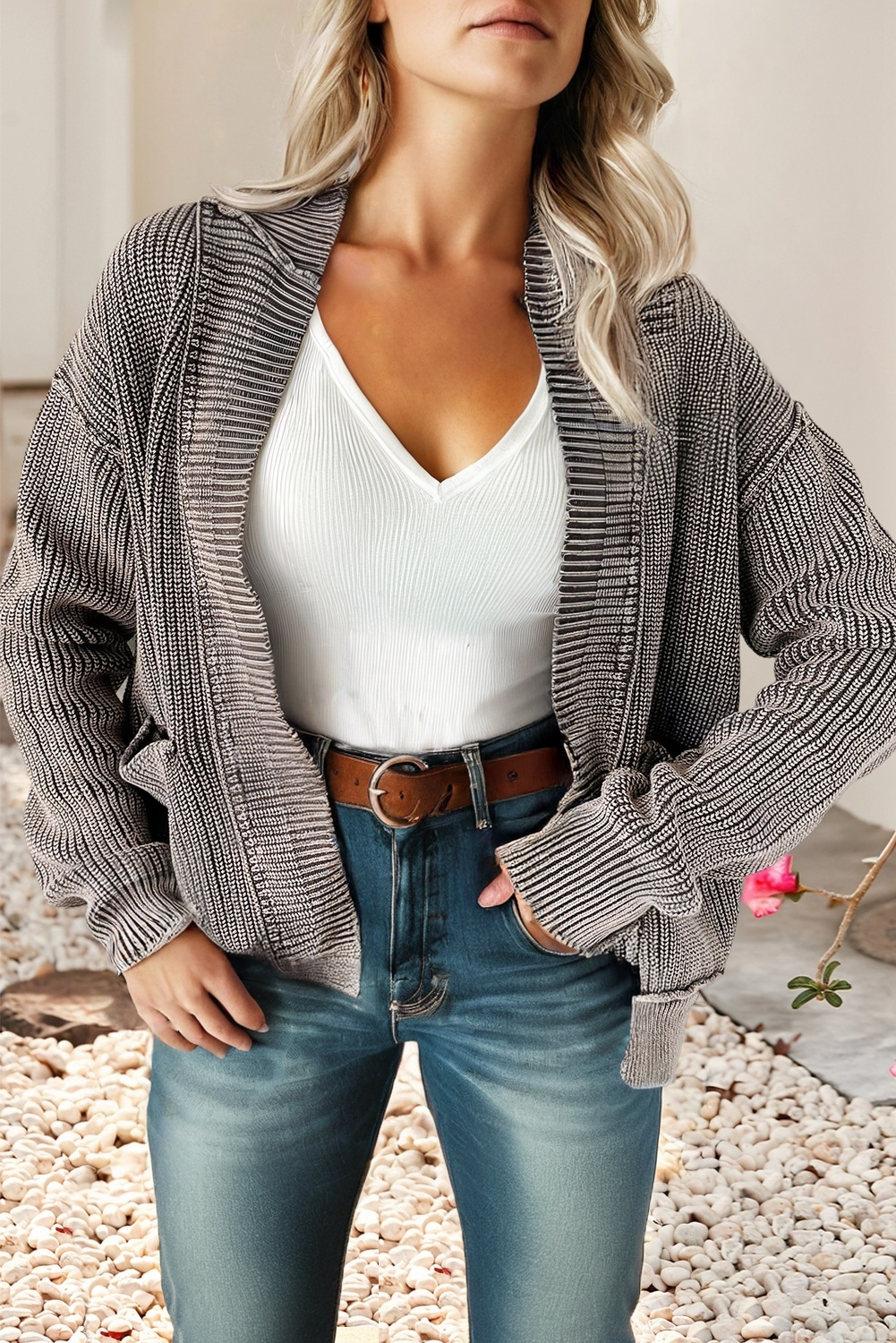 LDC Wash Exposed Seam Patchwork Knit Open Sweater Cardigan: Evergreen