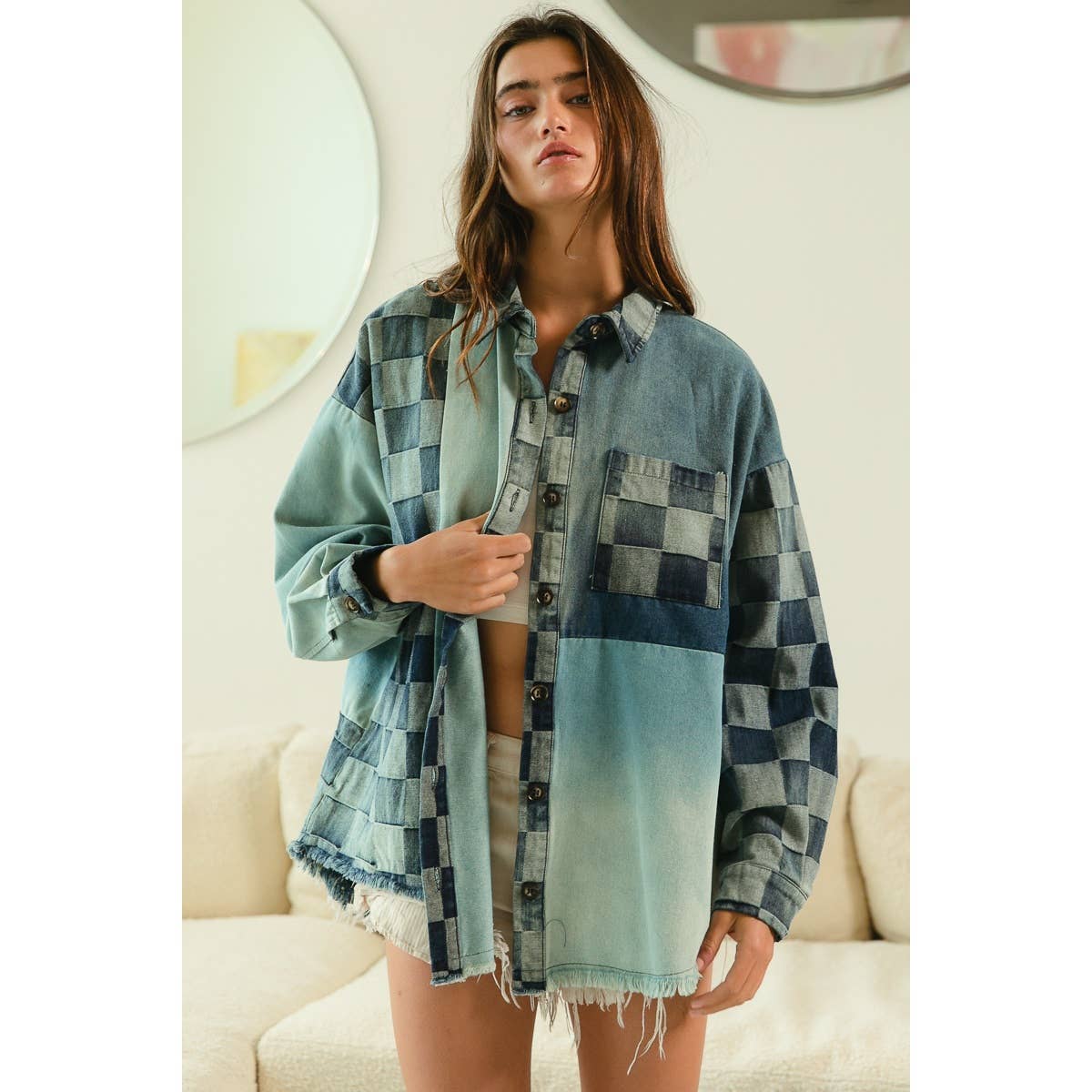 Checker Denim Mix Match Washed Shirt