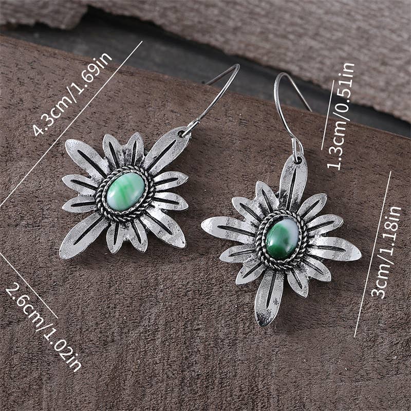 Boho Silver - Tone Daisy Flower Earrings with Green Stone