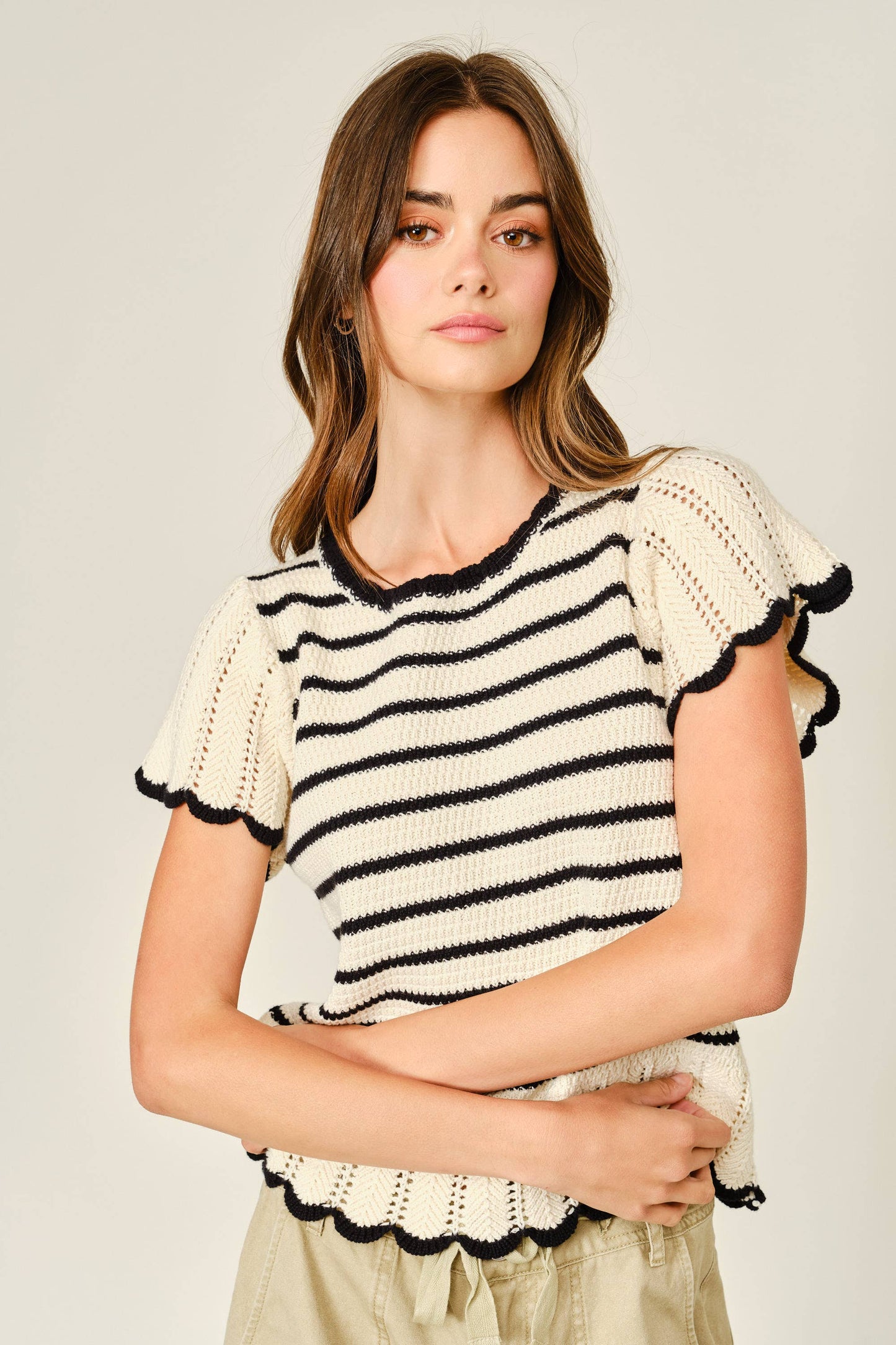 Striped Crochet short sleeved Sweater