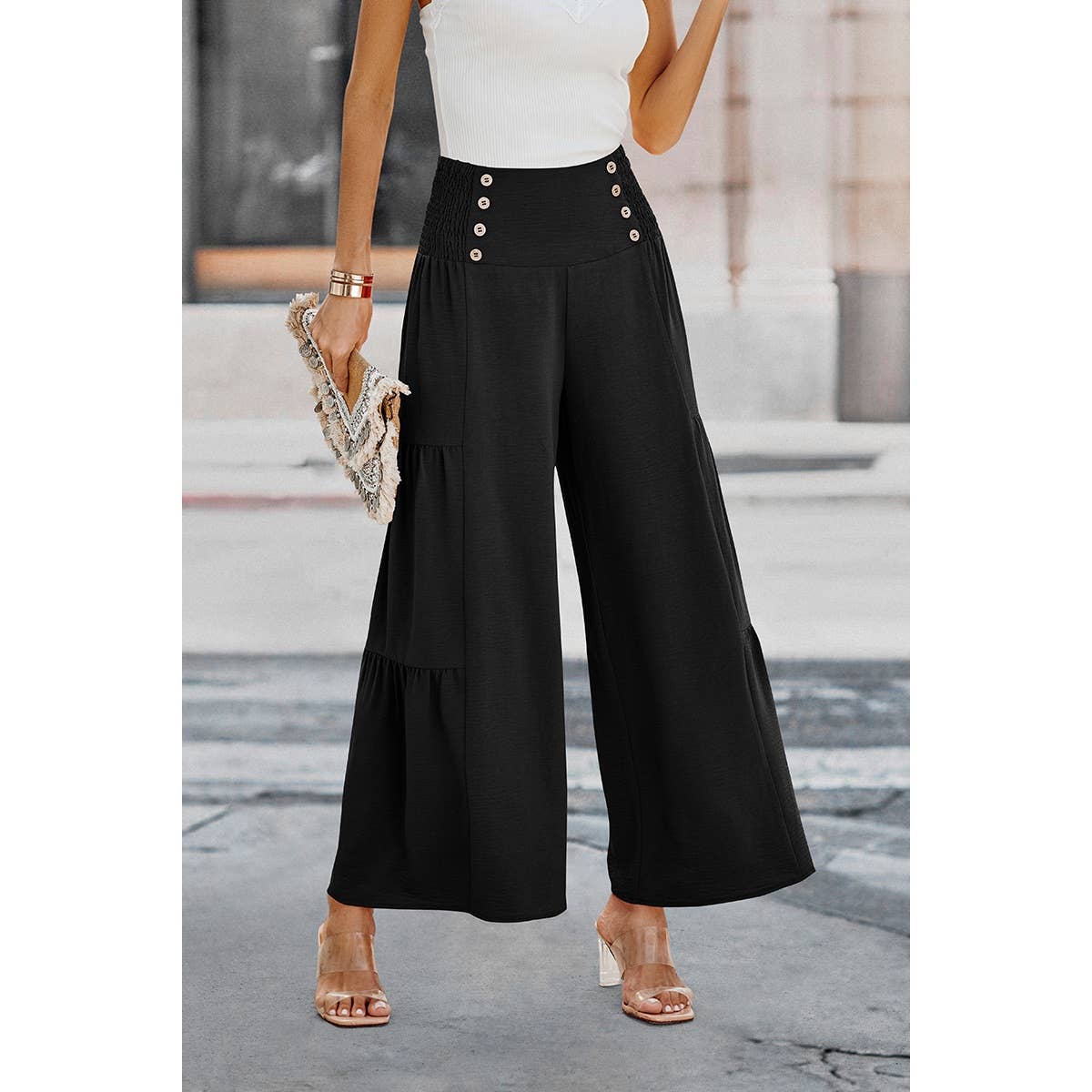 Elastic High Waist Wide Leg Long Palazzo Pants